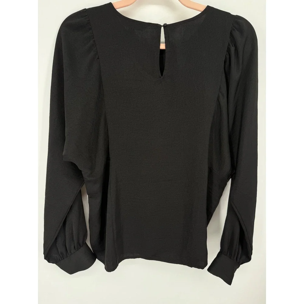 Banana Republic Blouse Women Small Black Puff Sleeve Button Cuff Keyhole Back